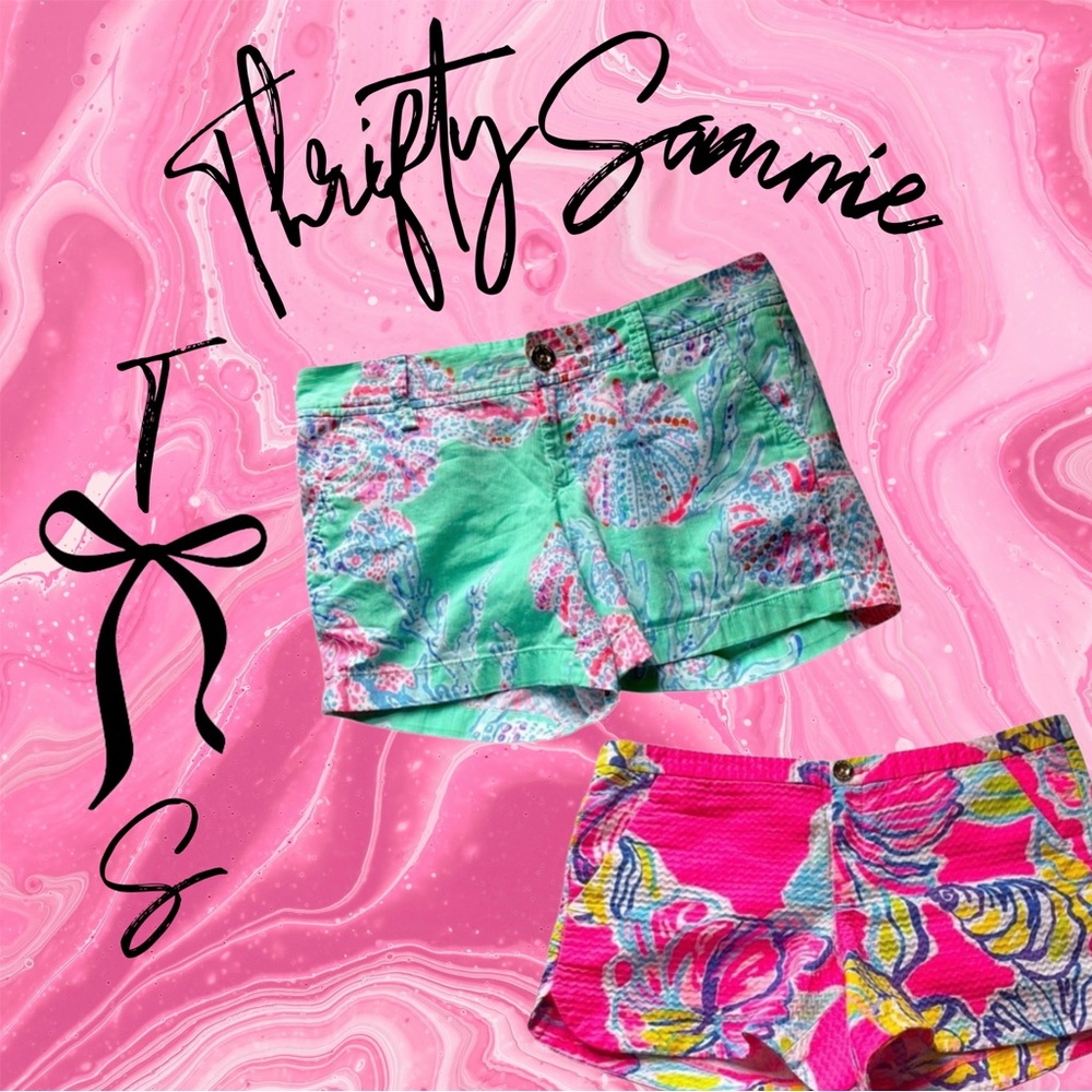 BUNDLE 2 Lilly Pulitzer Green and Pink Bermuda Shorts Vibrant Tropical Print 2